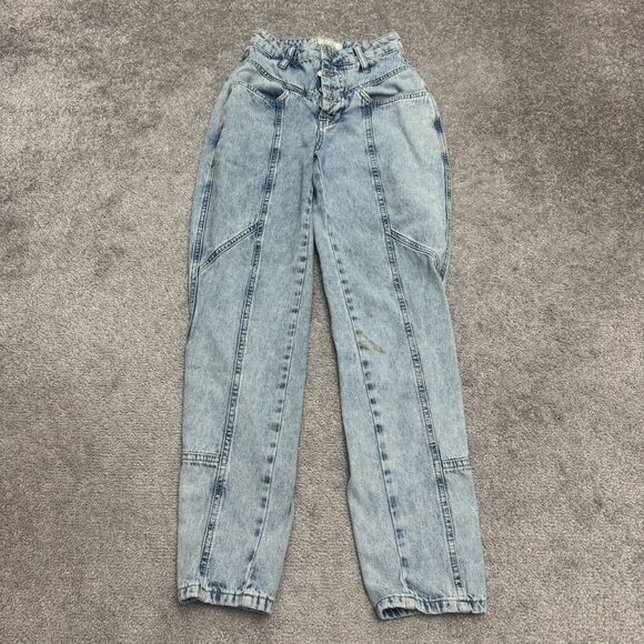 Free People Denim - Free People Acid Wash High Rise Tapered Leg Mom Denim Jeans Womens 24 Button Fly